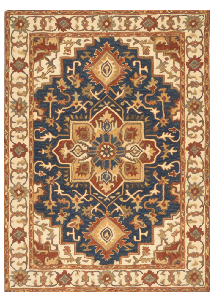 Hand-tufted wool carpet in    Persian Midnight Tapestry design, crafted with 100% handmade process using natural fibers, featuring vibrant geometric patterns for modern home decor.