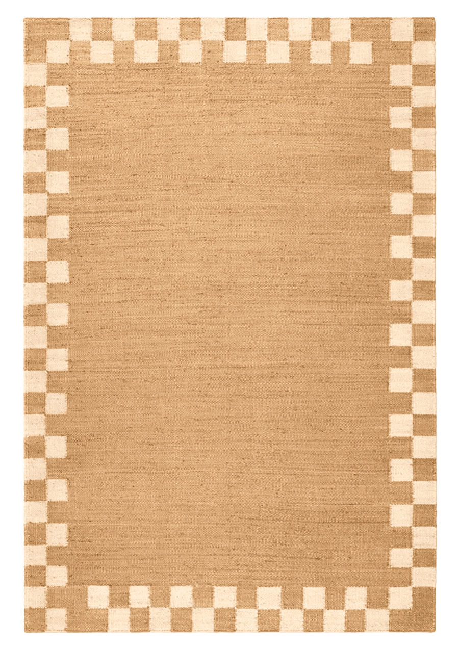 Jute handwoven rug in Checo design featuring a checkered border, crafted with 100% handmade process using natural fibers, ideal for eco-friendly and stylish home decor.