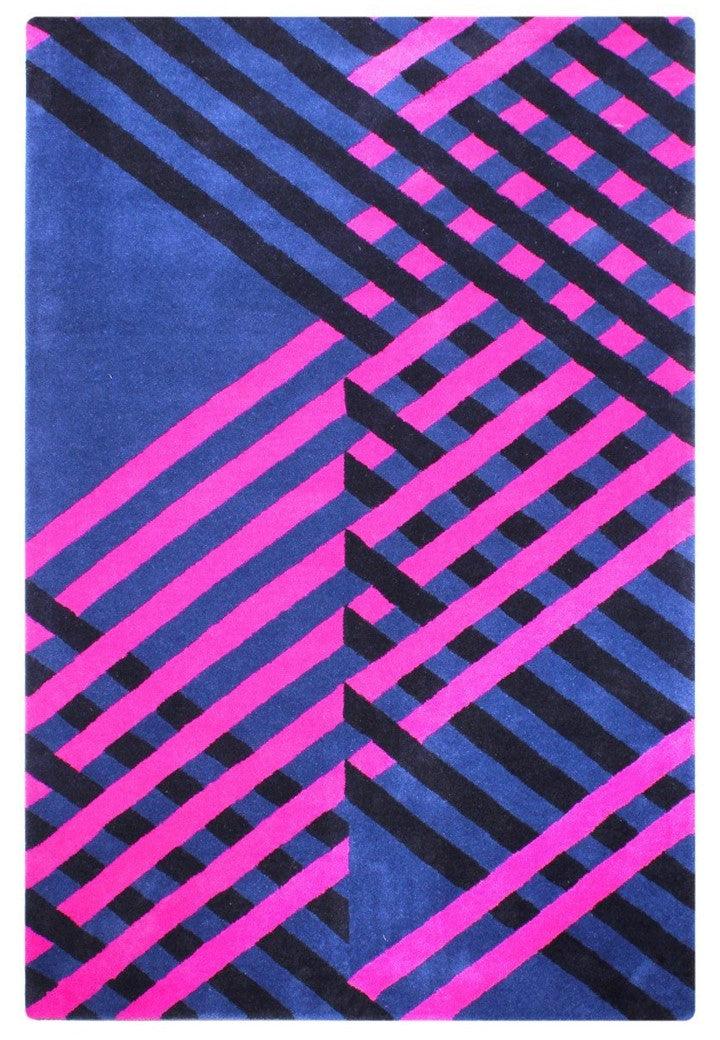 Hand-tufted wool carpet in   Dimensional Stripe design, crafted with 100% handmade process using natural fibers, featuring vibrant geometric patterns for modern home decor.