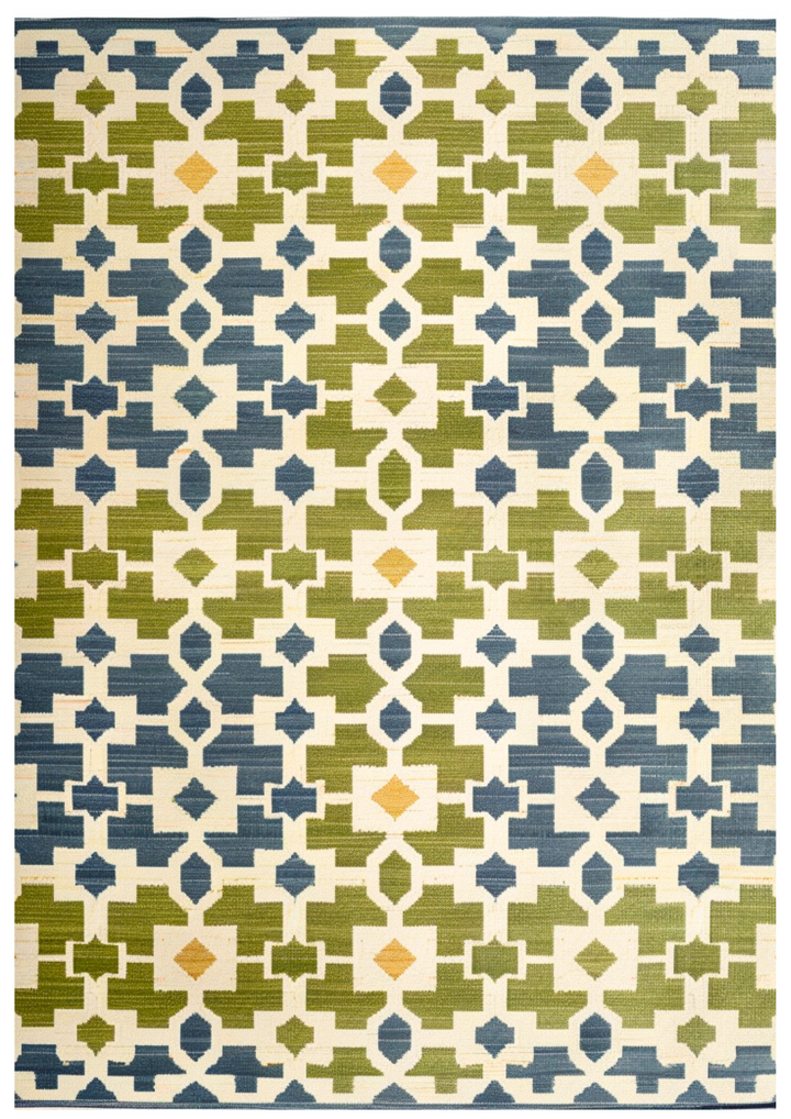Hand-tufted wool carpet in    Marina design, crafted with 100% handmade process using natural fibers, featuring vibrant geometric patterns for modern home decor.