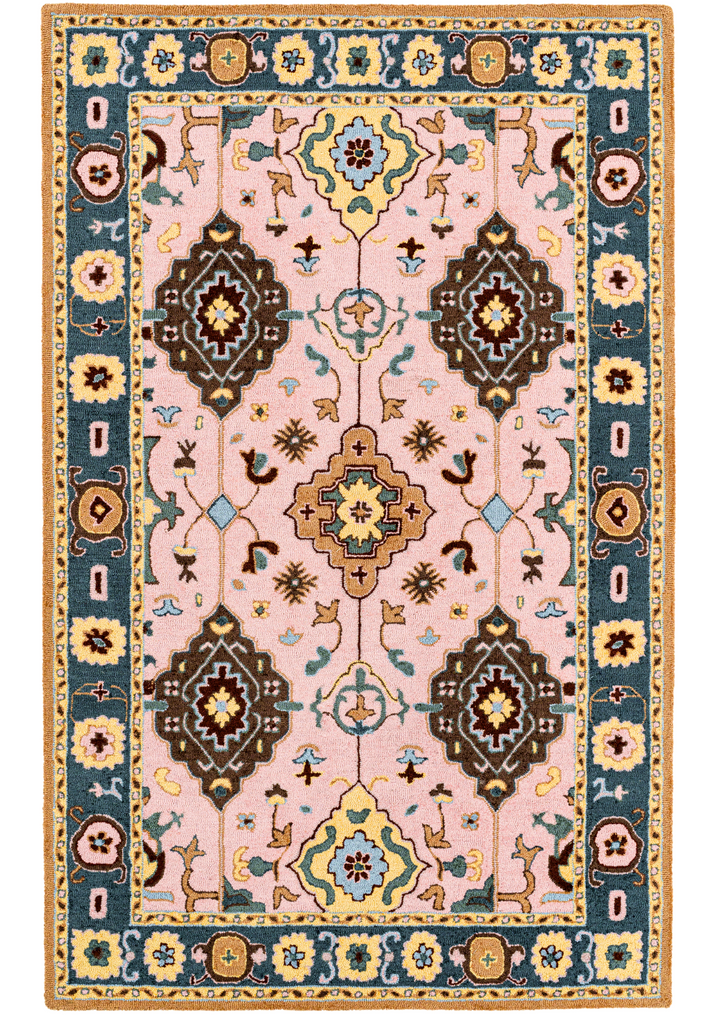 Hand-tufted wool carpet in    Ottoman Splendor design, crafted with 100% handmade process using natural fibers, featuring vibrant geometric patterns for modern home decor.