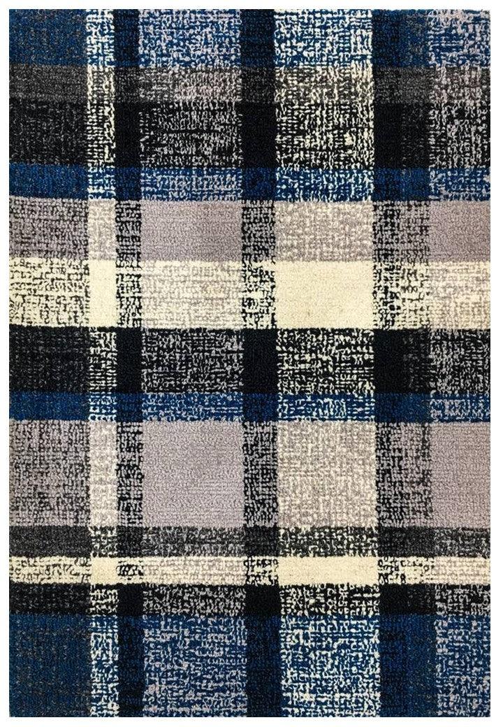 Hand-tufted wool carpet in   Dual Denim design, crafted with 100% handmade process using natural fibers, featuring vibrant geometric patterns for modern home decor.