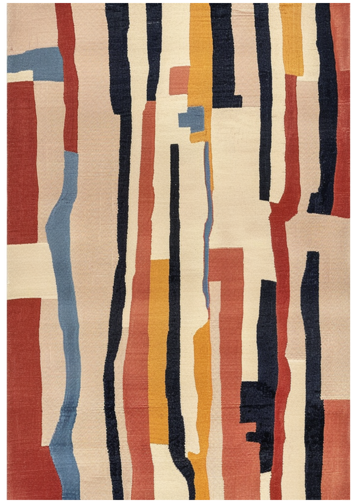 Hand-tufted wool carpet in    Strata design, crafted with 100% handmade process using natural fibers, featuring vibrant geometric patterns for modern home decor.
