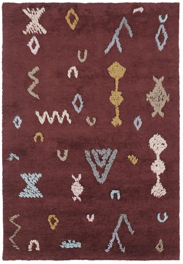 HandKnotted wool carpet in   Juniper Maroon Shape design, crafted with 100% handmade process using natural fibers, featuring vibrant geometric patterns for modern home decor.