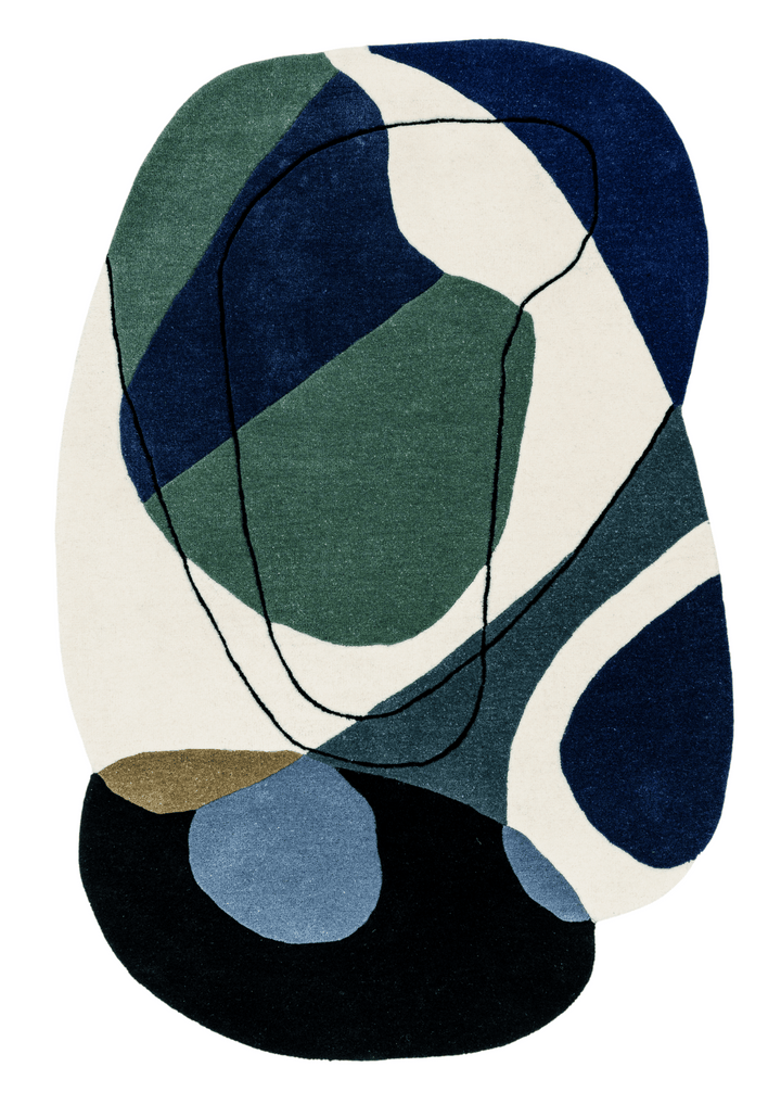 Hand-tufted wool carpet in    Aqua Waves design, crafted with 100% handmade process using natural fibers, featuring vibrant geometric patterns for modern home decor.